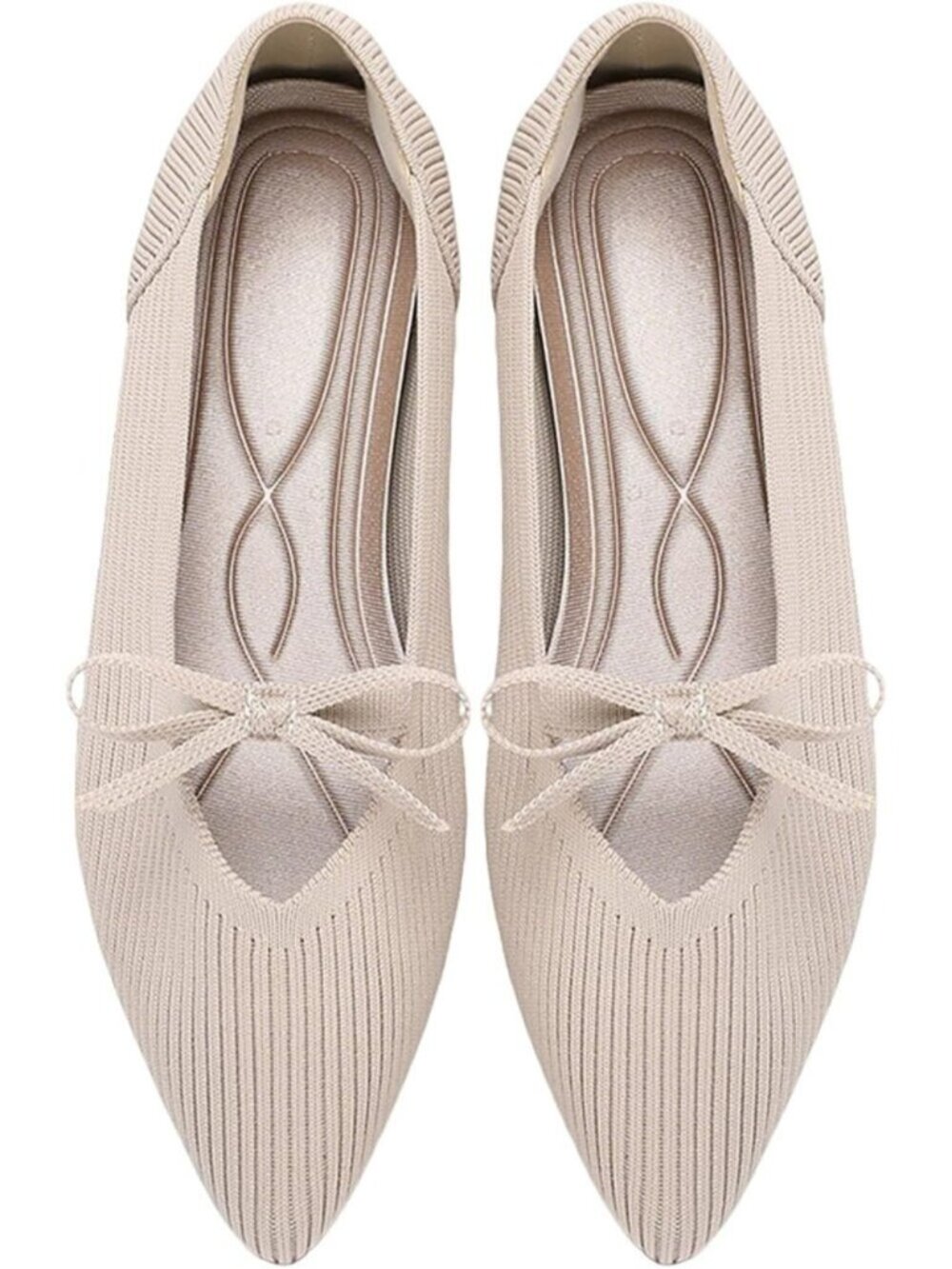 Women's Beige Pointed Toe Knit Ballet Flats Comfortable Pull On Casual Shoes